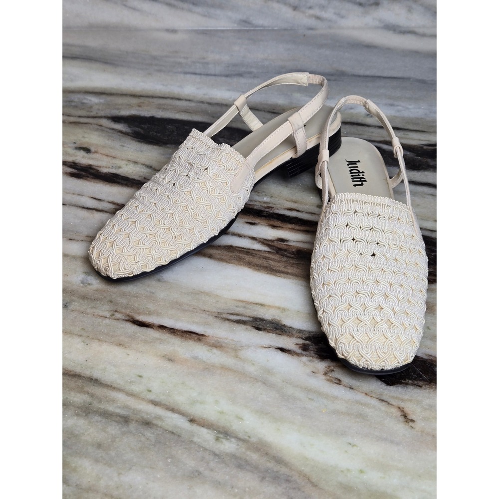 Judith Vintage Cream Soutache Braided Slingback Flats Low Block Heel Sandals 6.5